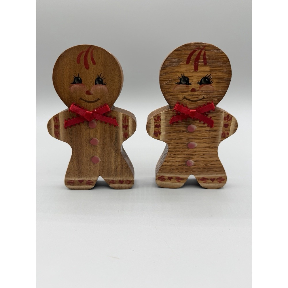 Vintage Handmade Wooden Gingerbread People Figures | Set of 2 Christmas Decor 5"